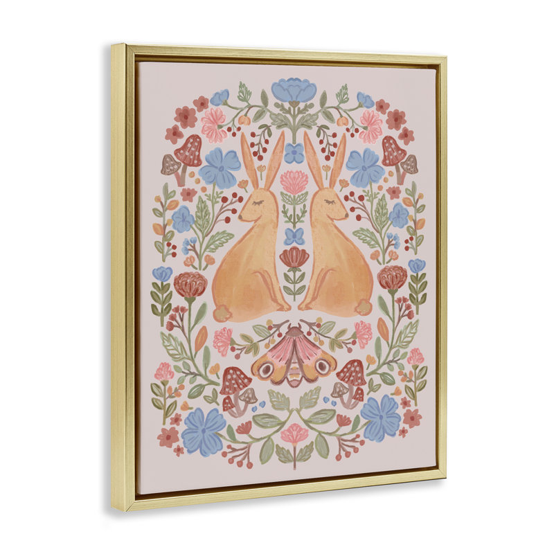  «Autumnal Folk Rabbits», art mural sur toile par Nina Muis, H 21 po x l 17 po, Cadre flottant métallique doré