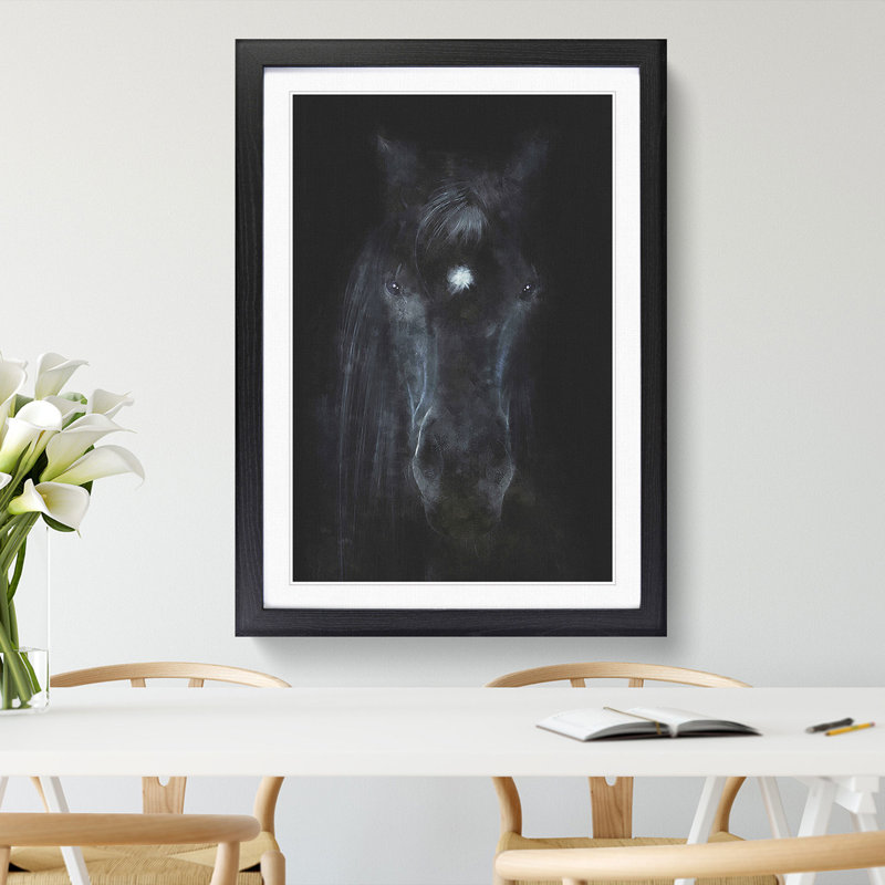 Black Horse in the Shadows - Picture Frame Painting, 65cm H x 48cm W x 2cm D, Black Framed