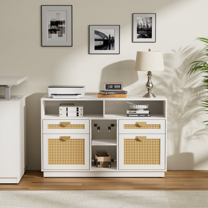 41.3"W White Rattan - 4 Drawer Loking Wood Lateral File Cabinet With Power Strip And Storage Shelves For Home Office - A4/Letter Size