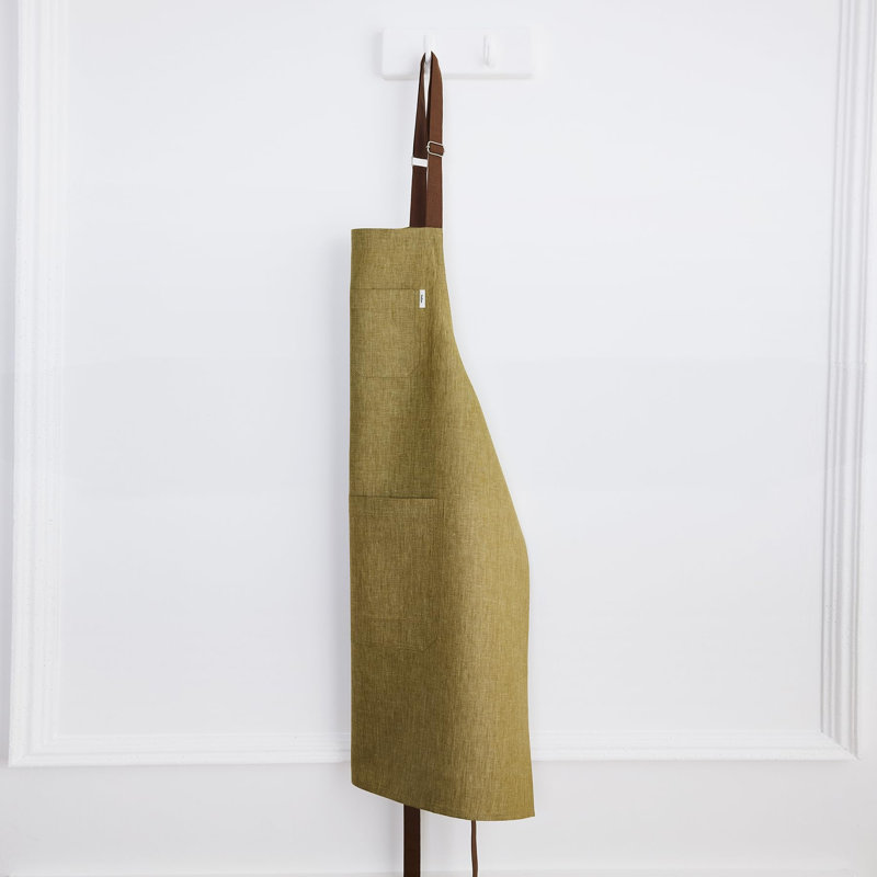 Classic Linen Bib Apron - 100% Pure Linen Apron, Olive/Brown