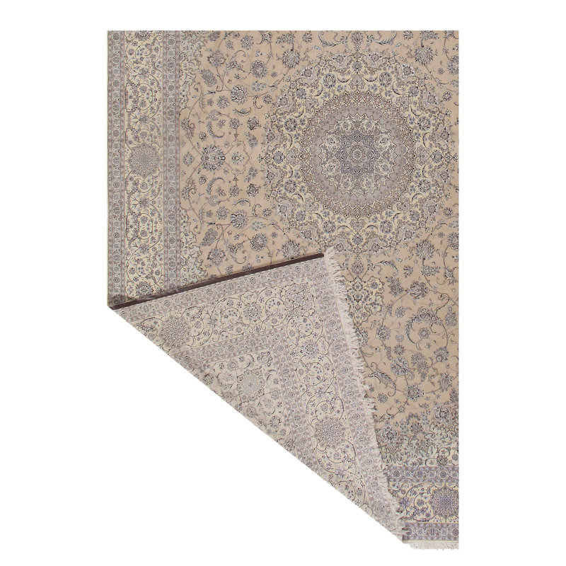 Tapis persan classique noué à la main beige, gris et ivoire de conception unique 13 pi 3 po x 19 pi 11 po
