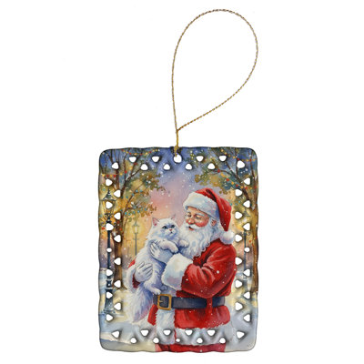 Persian White Cat with Santa Claus Porcelain Ornament