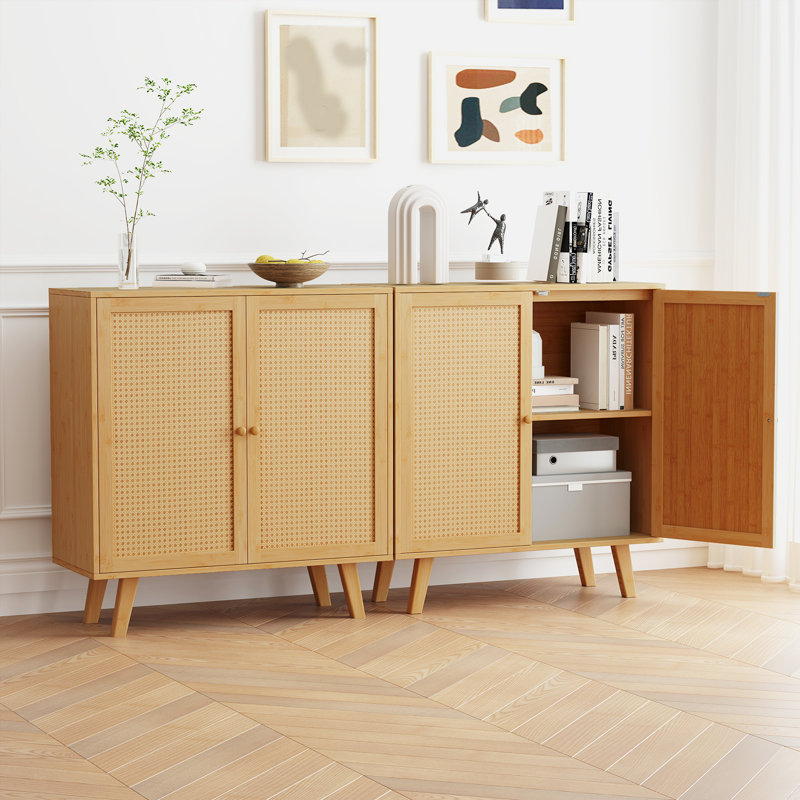 2PCS Bamboo Buffet Cabinet w/ PE Rattan Doors Freestanding Kitchen Cupboard Natural