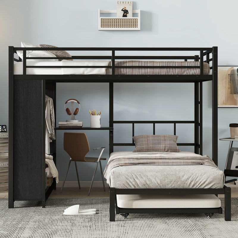 Lit superposé double au-dessus de simple avec garde-robe intégré, lit superposé en métal avec lit gigogne, bureau pliable, échelles, conception à réduction de bruit, noir