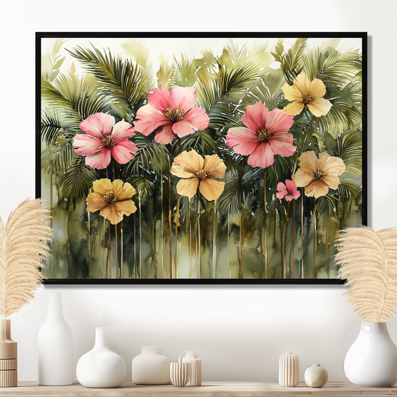 Hibisuc Cliatt tropical dans une symphonie printanière II - Hibiscus, H 30 po x l 40 po, Impression encadrée flottante