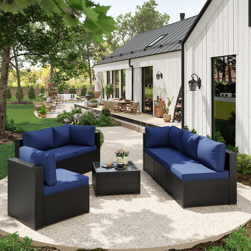 7-pieces Outdoor Rattan Wicker Sectional Seating Group With Cushions, Blue Cushion/Black Frame