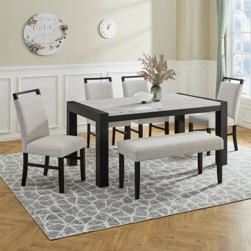 Ensemble de salle à manger 6 pièces - Table rectangulaire en marbre blanc de style contemporain avec chaises rembourrées à dossier complet et banc