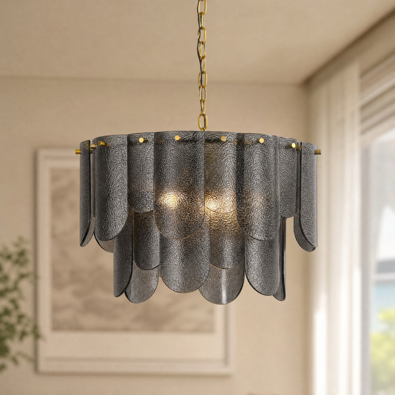 Lustre 19 lumières à 5 niveaux en verre martelé fumé, chaîne réglable en laiton antique, Gris fumé