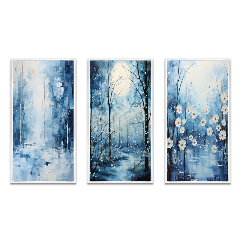 «Snow Winters Solitude II», 3 pièces sur toile, Cadre flottant blanc, H 20 po x l 36 po