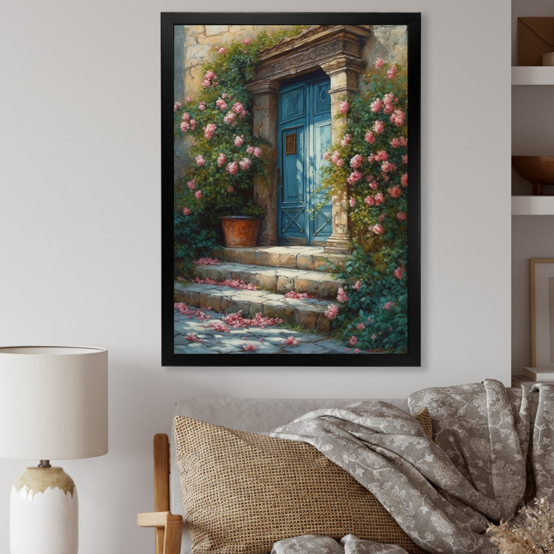 Porte de jardin bleue et rose Robertina III sur toile, H 20 po x l 12 po x P 1 po, Cadre photo noir