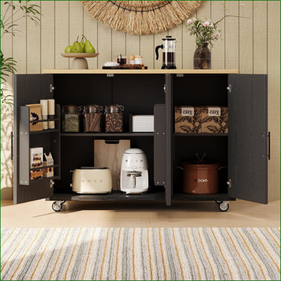 Îlot de cuisine de style campagnard avec abattant, rangement et amp; Roues - Placage de frêne brun noyer | Bois aggloméré, pin | Moyen (40 à 55 po)