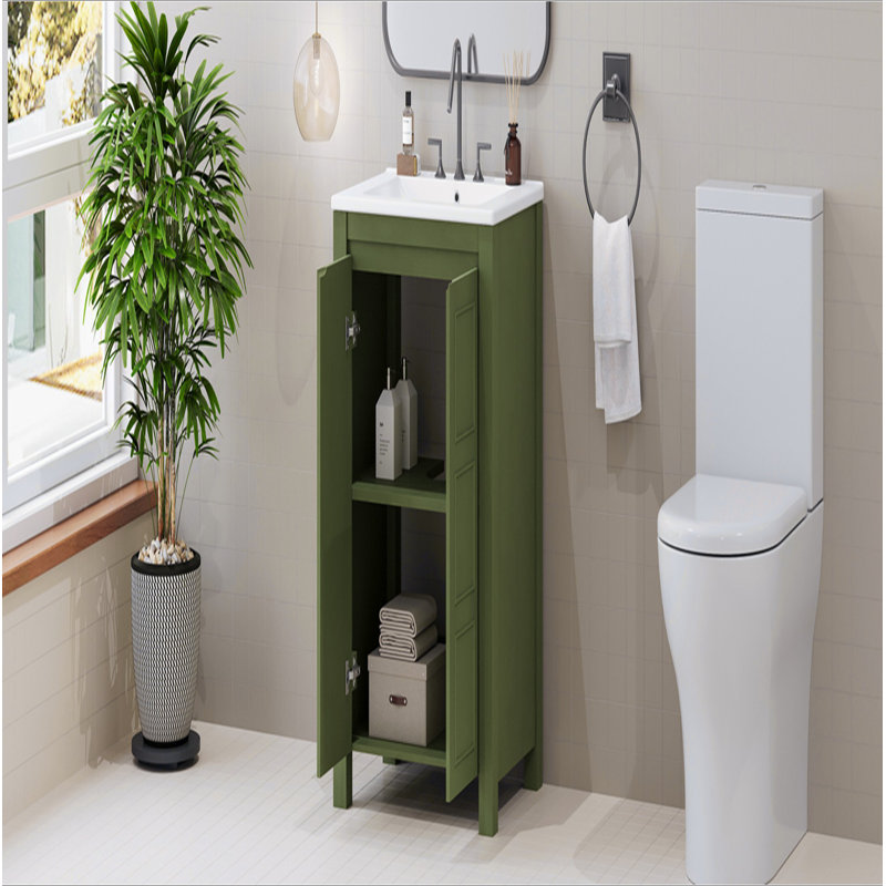 Petit meuble-lavabo de style vintage 24 po avec lavabo en céramique, 2 portes à fermeture douce, tablette réglable