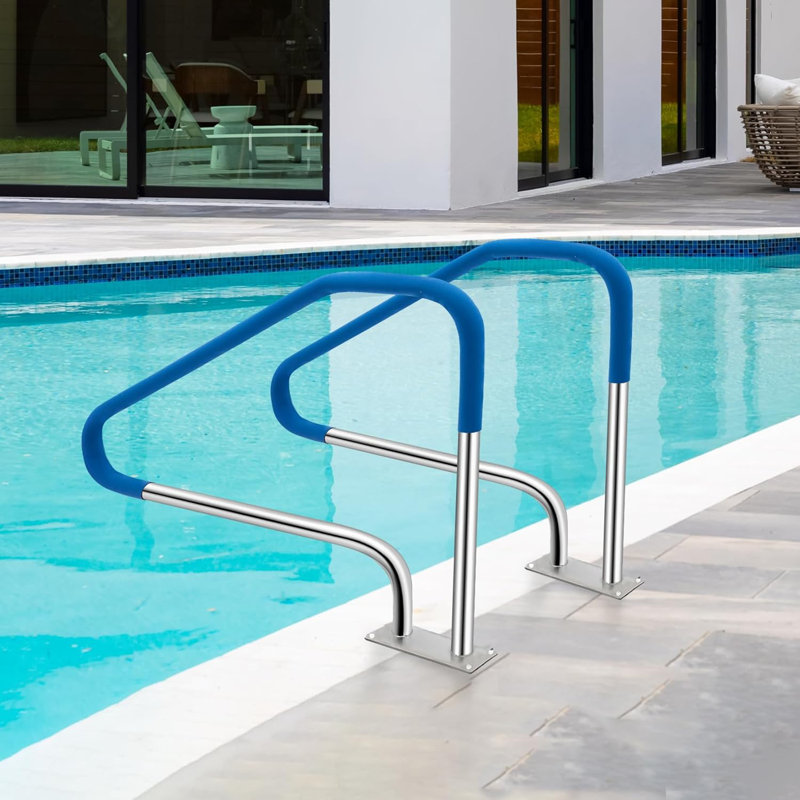 Pool Handrail, Pool Railings for Inground Pools, Swimming Pool Safety Handrails 375lbs Load Capacity, 304 Stainless Steel Pool Stair Rail with Grip Cover, Quick Mount Base Plate