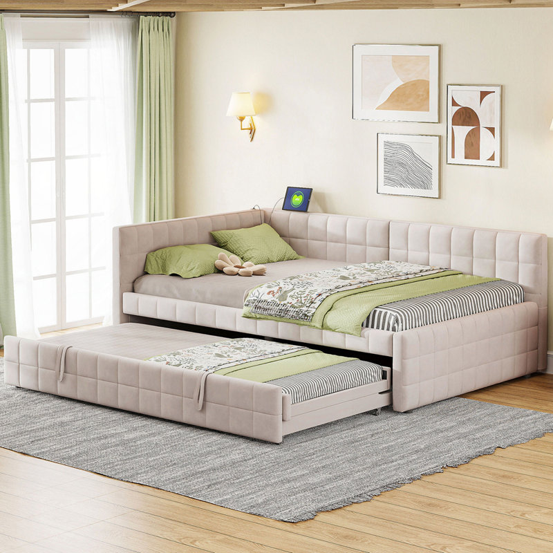 Lit de jour double rembourré en L, Beige