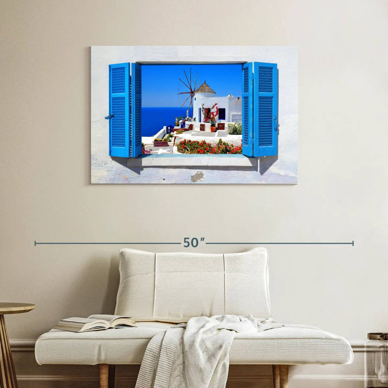Ravi Oia Windmill Window View, 26" H x 39" W