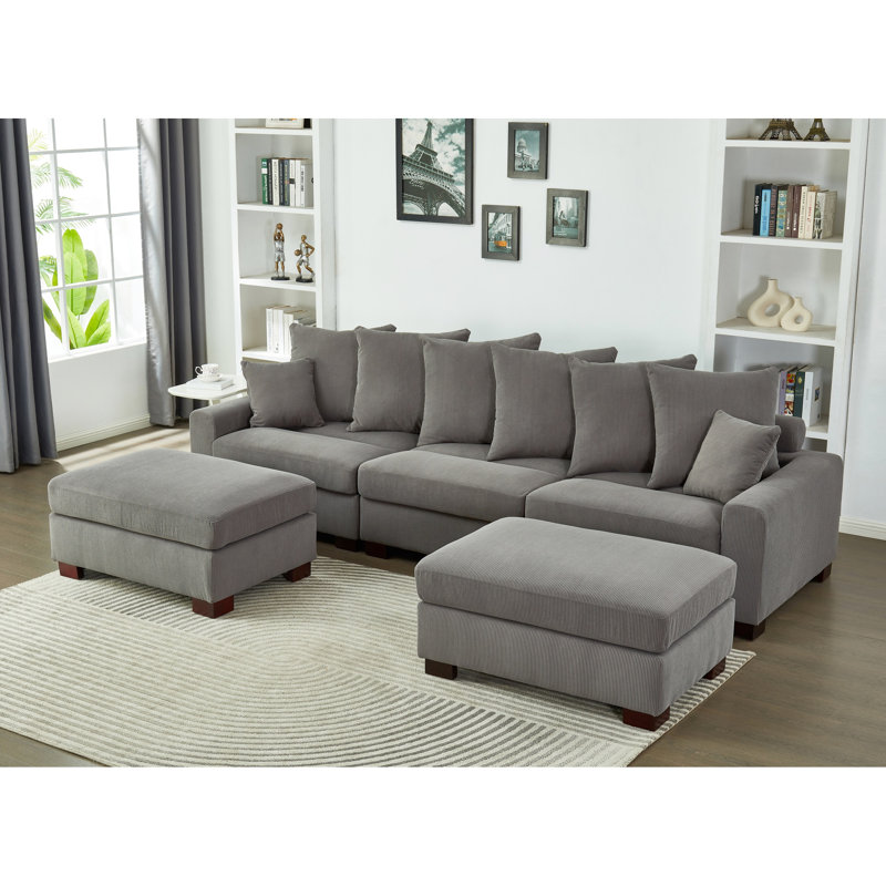 Surdimensionné 5 places en velours côtelé gris modulaire, convertible en forme de L et de U avec coussins modulaires à haute mousse magnétiques