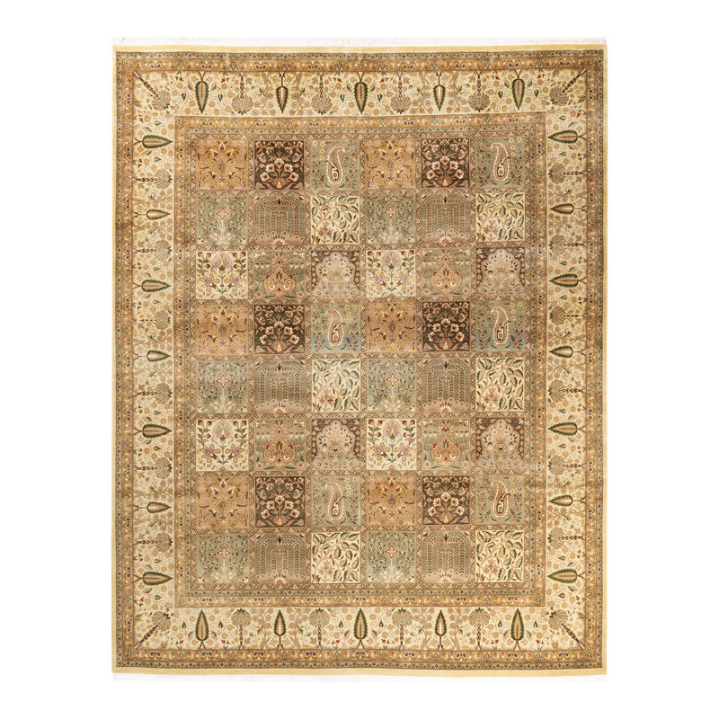 Tapis unique ivoire / vert / verge d'or noué à la main 8 pi 2 po x 10 pi 3 po Hayner