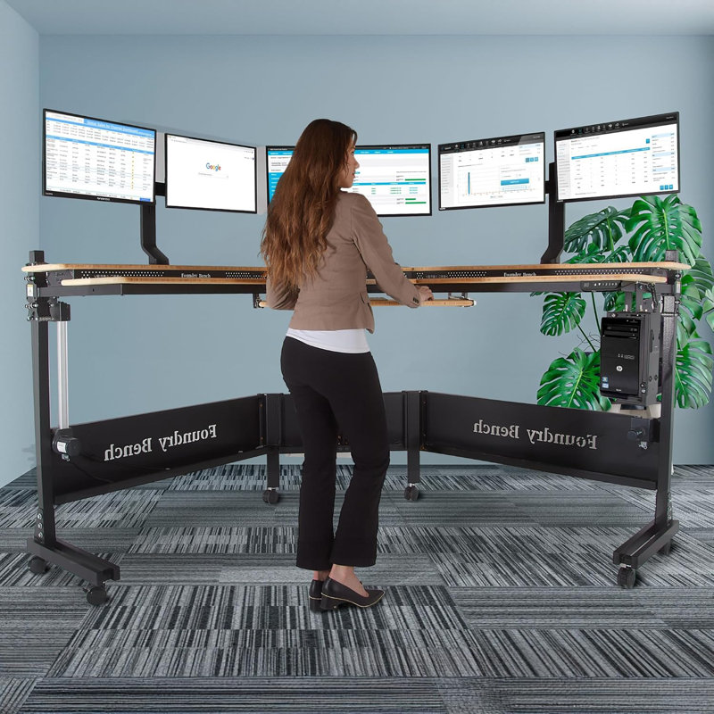 80" x 80" Bamboo and Black Adjustable L-Shaped Corner Desk with USB Ports