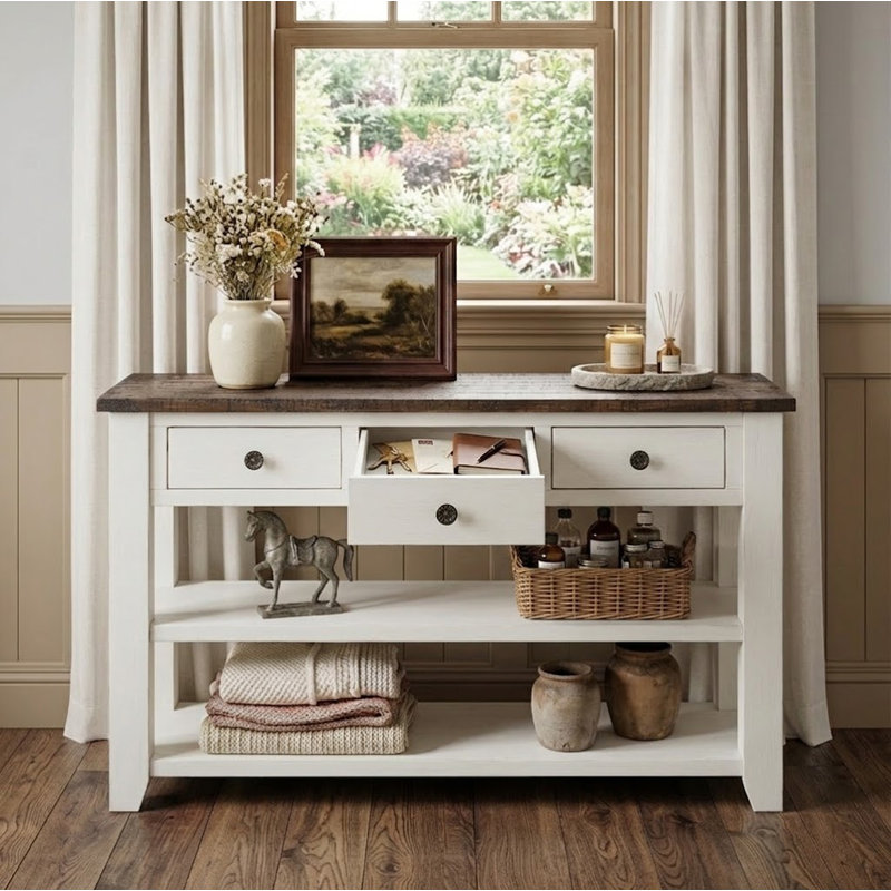 Console 48,83 po avec tiroirs et tablettes Vintage Rustic, Blanc antique