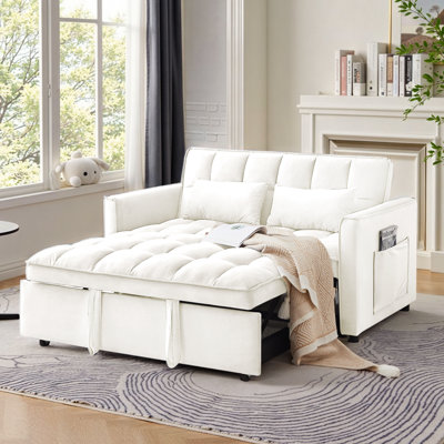 55-inch 3-in-1 convertible sofa bed; modern-style two-seater pull-out sofa with adjustable backrest and side storage pockets; perfect for the living room; velvet fabric; beige