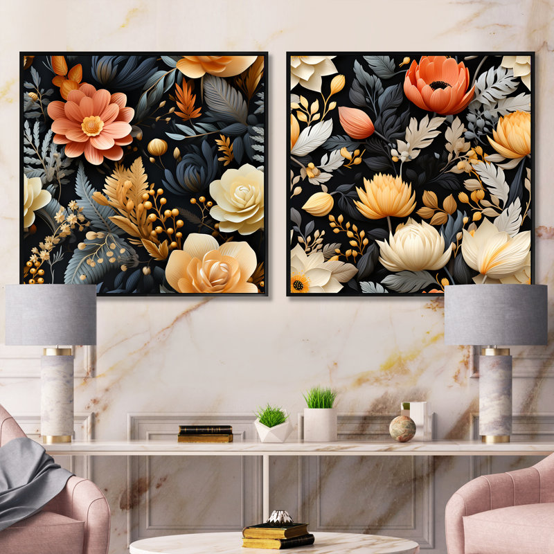Olevia - Ensemble de 2 collages carrés botaniques abstraits, Cadre flottant noir, H 16 po x l 33 po