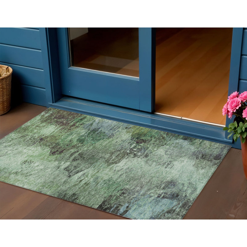 Tapis extérieur lavable abstrait vert et brun 3 pi x 5 pi