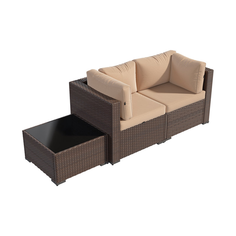 3 -Person Rattan Patio Safo With Cushions, Black, Beige