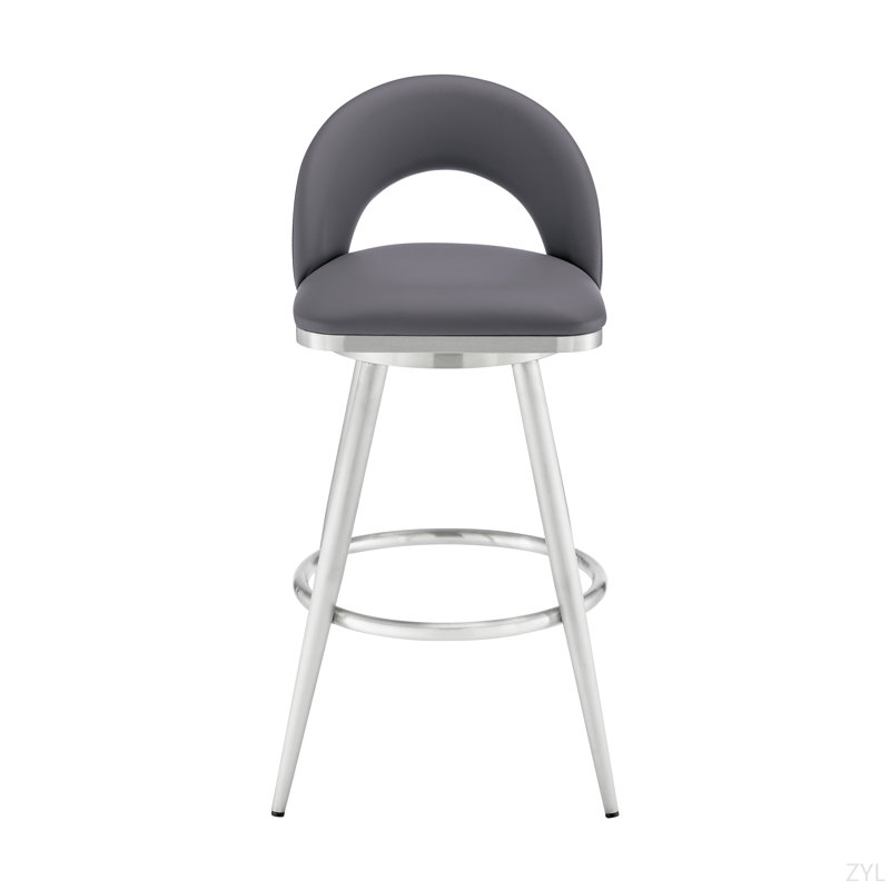 Tabouret tournant en acier inoxydable brossé avec similicuir gris, Gris, Acier inoxydable brossé