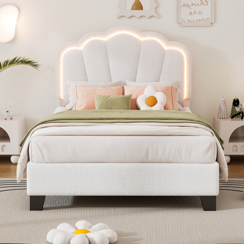 Upholstered Flower-Shape Bed, Elegant Flowers Headboard With LED Light Strip, White, Twin