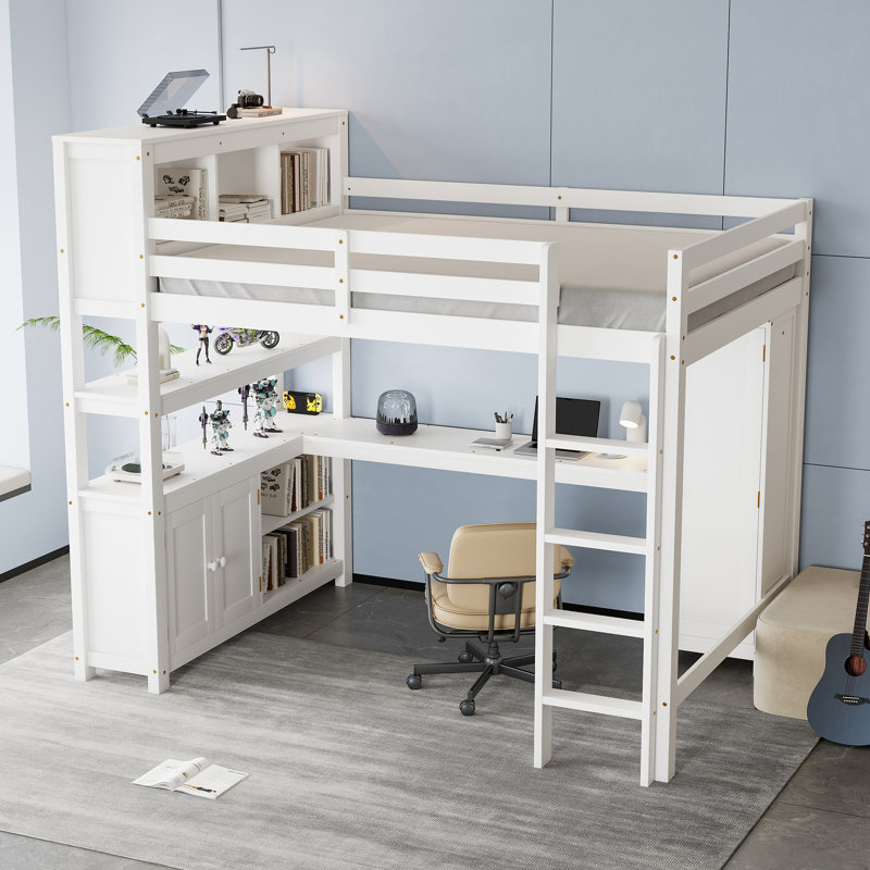 Lit mezzanine blanc avec dimensions pour grand lit, bibliothèque et armoire de rangement, hauteur de tablette réglable en L