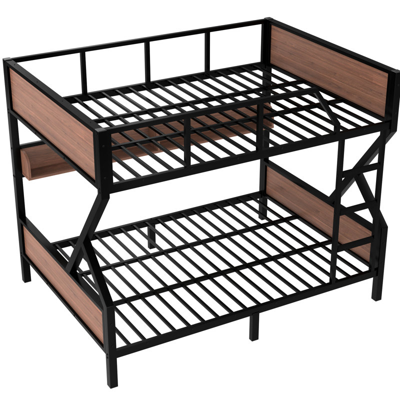 Queen Over Metal Bunk Bed With Storage, Led Lights, And Secure Stairs Stable Black Storage Shelves, Frame, Lights, Queen
