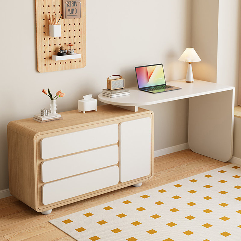 Bureau en L en bois massif de style français avec commode, 29.53" H x 55.12" W x 47.24" D