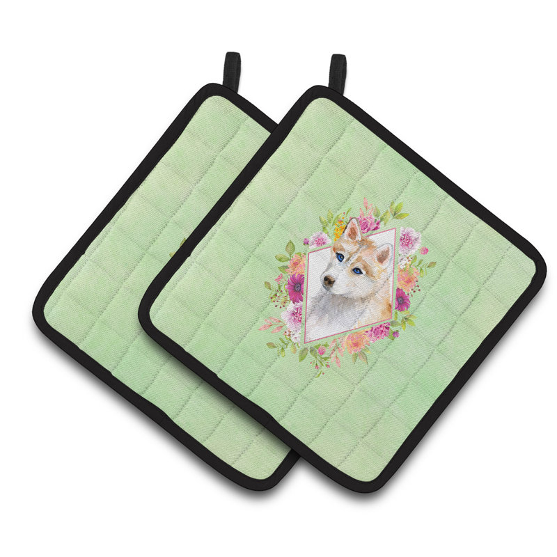 Ensemble de cuisinier poignée 2 pièces caroline trésors sheltie, Vert, Husky sibérien roux
