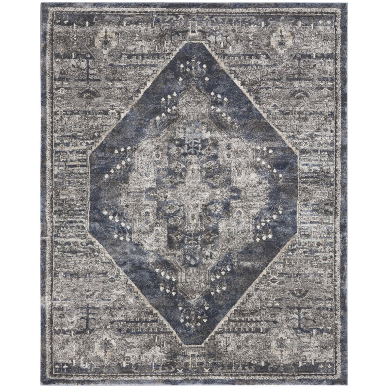 Tapis bleu 8 pi x 10 pi à motif floral tissé à la machine