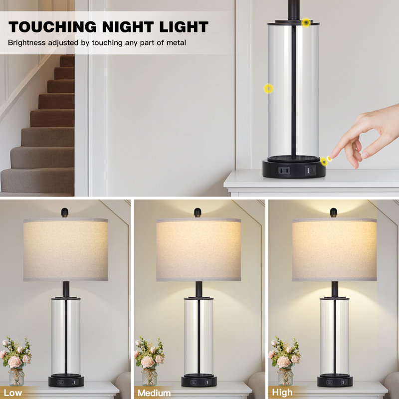 26” Modern Glass Touch Control Table Lamps with Dual USB Ports, Black/Clear, Beige