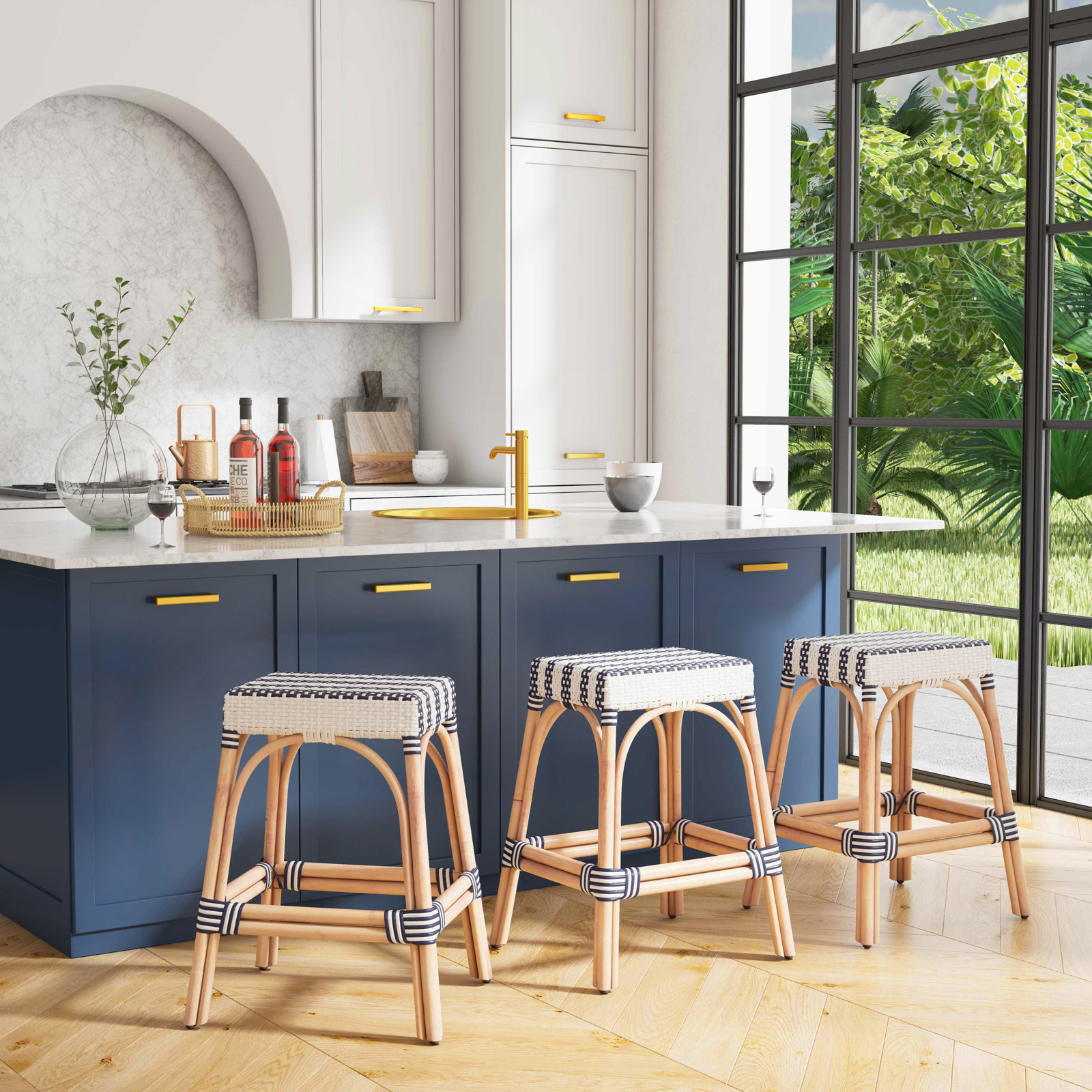 Lennart Bar and Counter Stool, Counter Stool (24.5" Seat Height), White/Navy Stripe/ Natural Rattan Frame