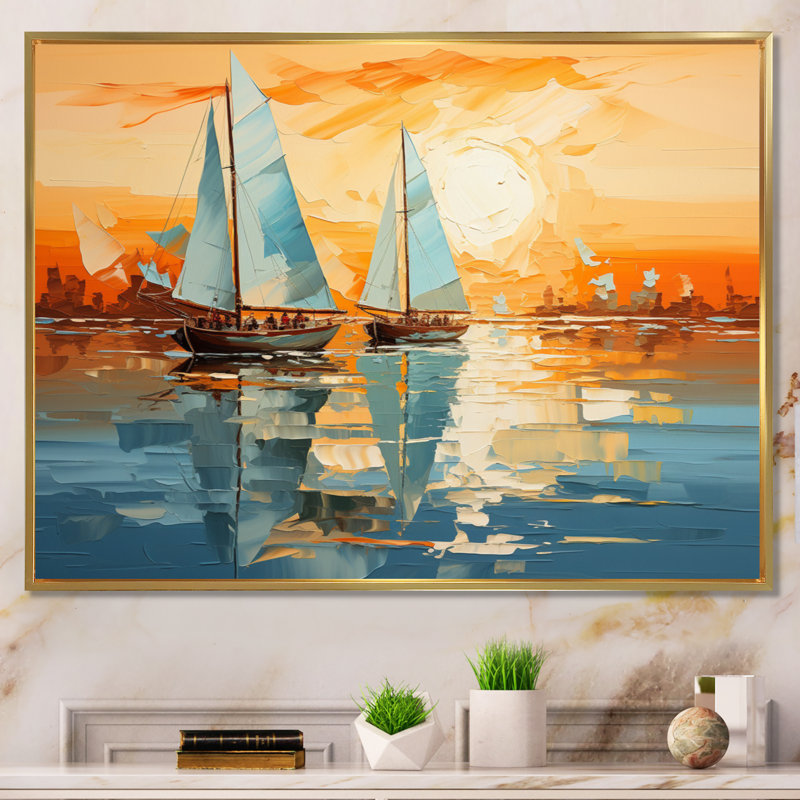 Voilier abstrait flottille II sur toile, Cadre flottant doré, 30" H x 40" W
