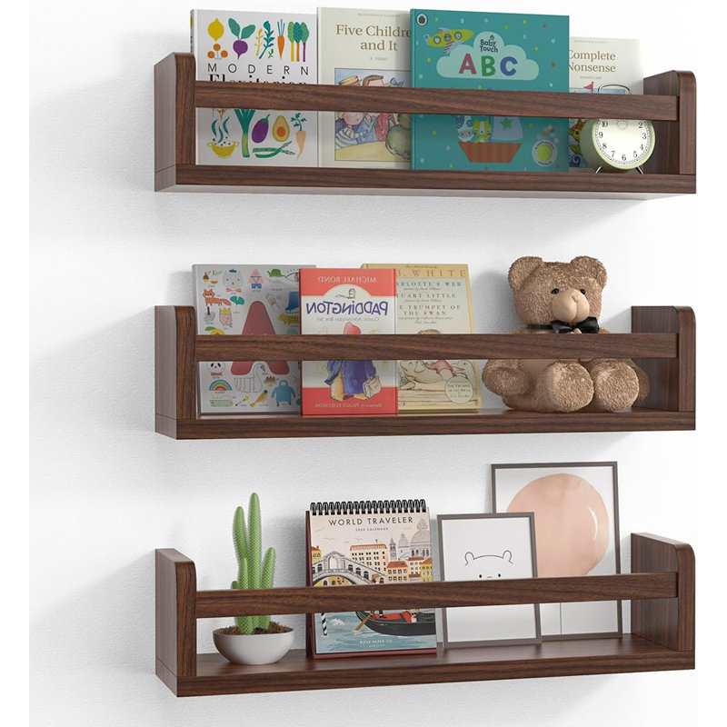 Nursery Floating Book Shelves Set Of 3, Wooden Wall-Mounted Kids Bookshelves,Walnut, Walnut