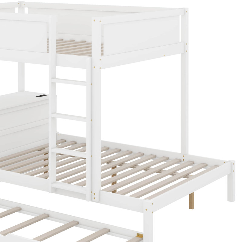 Lit superposé avec lit gigogne, rangement et bureau, Lit superposé double sur double, Blanc
