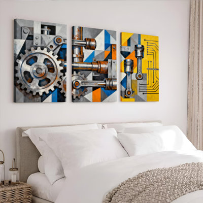 Industrial Gear and Circuit Board Canvas Wrapped Wall Art Oil Painting Print Set of 3