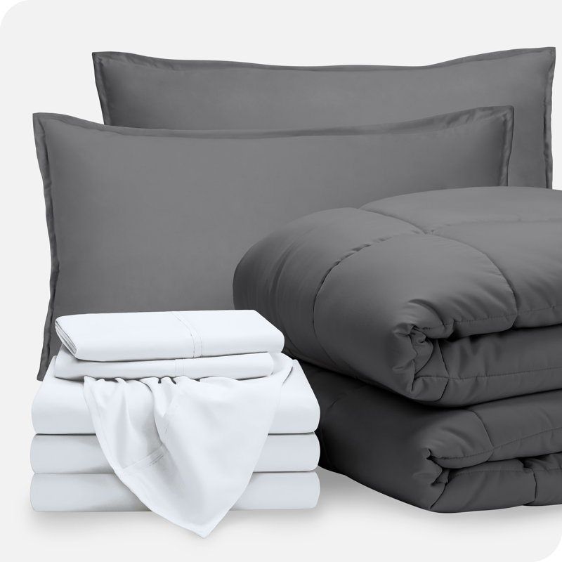 Microfiber Bed-In-A-Bag, Gray/White, Split Queen Comforter + 7 Additional Pieces