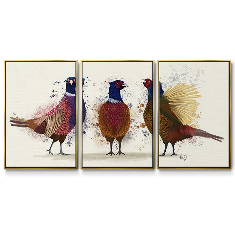 Trio de faisans 3 pièces, H 24 po x l 48 po x P 2 po, Or