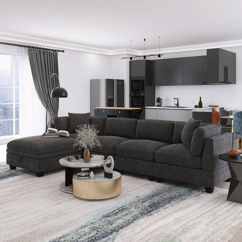 Canapé modulaire rembourré en L avec repose-pieds de rangement amovible, 2 porte-gobelets cachés