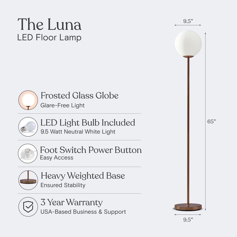 Luna 65" Bronze Modern LED Floor Lamp with Frosted Glass Globe