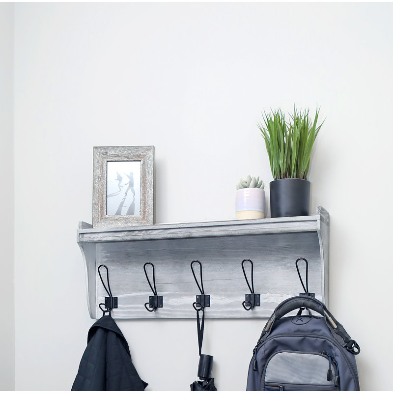 Solid Wood Wall 5 - Hook Wall Mounted Coat Rack, Gray