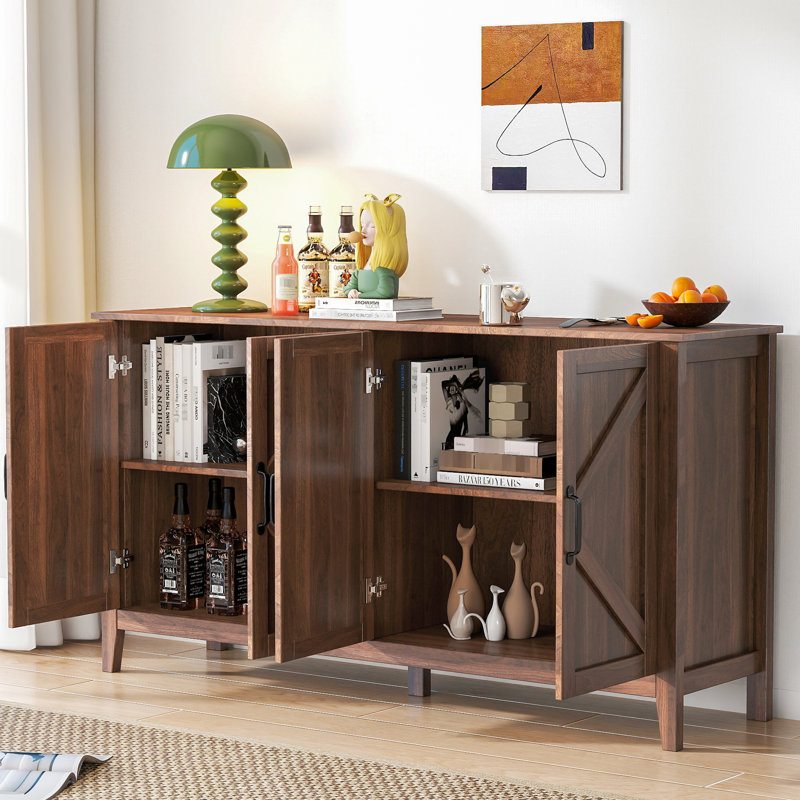 Buffet 4 portes et tablettes ouvertes pour la maison - salon attrayant, rangement autoportant pour chambre à coucher avec chambre à coucher, bureau noyer