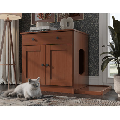 Enceinte de chat à 2 portes avec 2 tiroirs et bac à litière Palace Imports 100% bois massif Haajarah