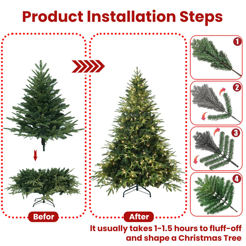 Arbre de Noël illuminé 6,5 pi avec lumières et base en métal pliable