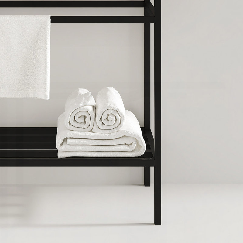 Meuble-lavabo de salle de bain avec lavabo en céramique, ensemble de lavabo console autoportant, lavabo rectangulaire en céramique blanc brillant sans robinet, pieds en métal ouverts, tablettes de rangement