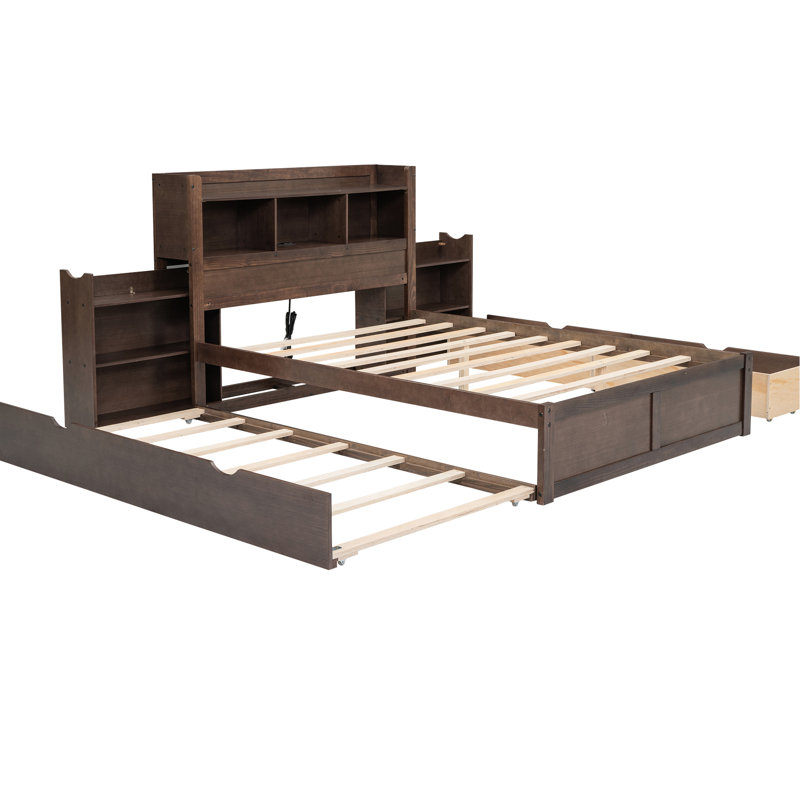 Lit double avec tablettes coulissantes, lit gigogne simple, 2 tiroirs de couleur plate-forme avec tiroirs, lit gigogne et tablettes - Structure en bois robuste